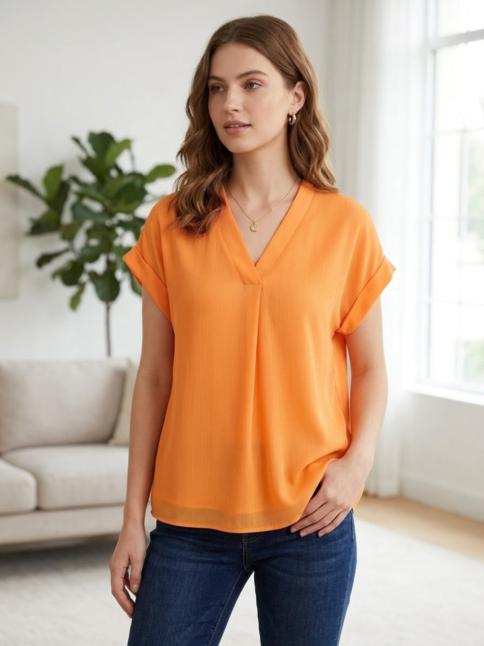 Calvin Klein Bright Orange V-Neck Short Sleeve Blouse